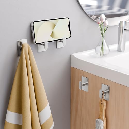 pickpiff Adhesive Towel Hooks: 20LB Extra Strong Wall Hanger, Silver 4 Pack - color: Silver, size: 4 Pack