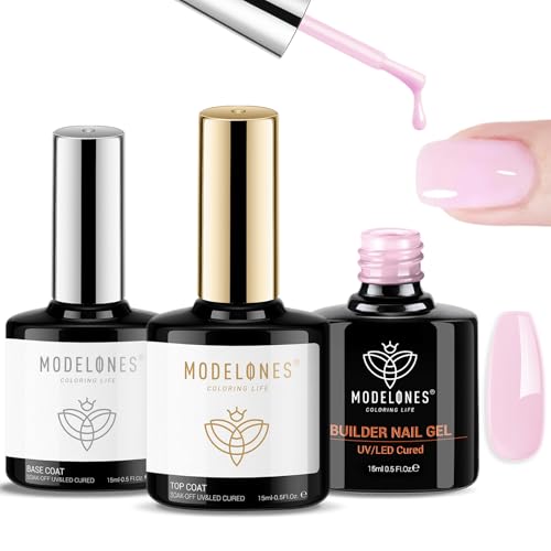 modelones Builder Nail Gel with Gel Base Top Coat, 3Pcs Baby Pink Builder - color: A3 Baby Pink Gel Builder with Base Top Coat, size: 0.5 Fl Oz (Pack of 3)