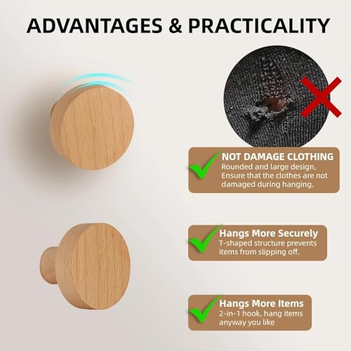 4 Pack Wood Wall Hooks Round Wooden Coat Hooks Adhesive Hooks Heavy Duty