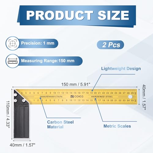 HARFINGTON 2Pcs Woodworking Square Ruler 6" Carbon Steel Try Square Metric Precision Framing Carpenter Tool Right Angle Ruler with Aluminium Handle for Professional Carpentry, Yellow Black - size: 6"