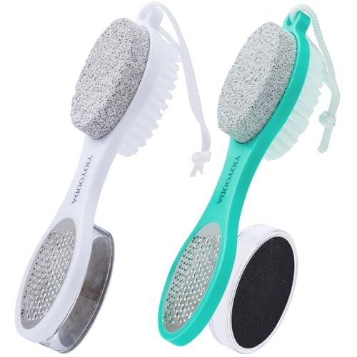 Foot Scrubber Brush with Pumice Stone for Feet 5-in-1, 2Pcs Foot File Callus Remover, Stainless Steel Feet Scraper, Cleaning Brush & Sand Paper Debris Catcher, Multi Purpose Home Foot Care, Cyan White - color: Cyan White