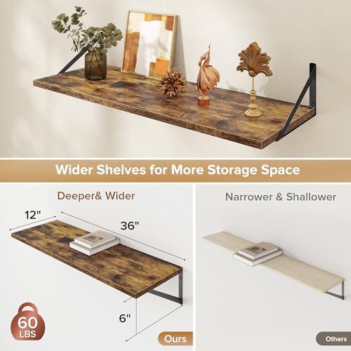 Acovy Deep Floating Shelves Wall Mounted, 36"x12" Brown Wood Shelves with Brackets Set of 2 for Bedroom, Living Room, Bathroom, Kitchen, Office - Storage & Display Shelf for Decor, Books, Plants - color: Rustic Brown, size: 36"Wx12"D-2pcs