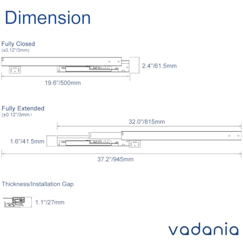 VADANIA #BK54 20" Undermount Drawer Slide, Soft Close - size: 20 Inch, style: Soft Close