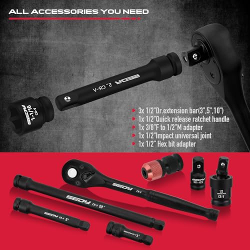 Master 1/2" Drive Impact Socket Set, 67-Piece Standard & Deep Master Impact Socket Set SAE 3/8"-1-1/4" & Metric 8-24mm Socket Set with Ratched Hand, Extension Bar, Reducer, Impact Universal Joint,Cr-V - style: 1/2" | 67-Piece Master Set