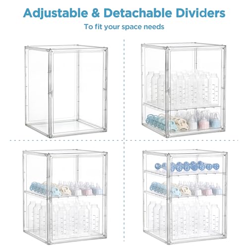 HBlife Baby Bottle Storage Organizer for Countertop Cabinet, 3 Tiers Adjustable Clear Acrylic Bottles Storage Station Case Box Container with 2 Removable Dividers and Magnetic Door, XXL - size: XXLarge, style: 3-Tier Single Door