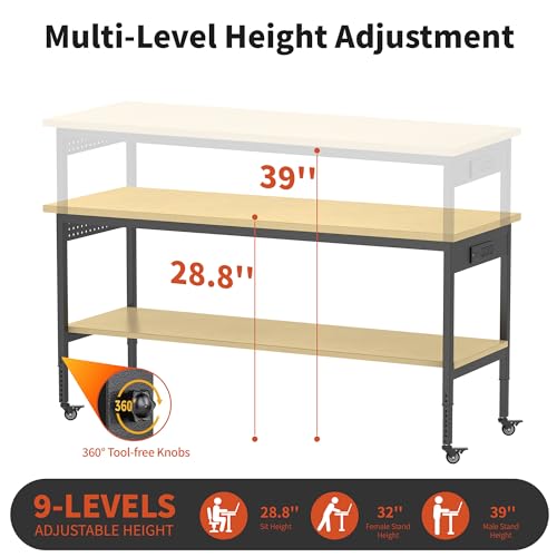 60" Adjustable Height Workbench,9-Level Heavy Duty Work Bench with Storage Shelf Pegboard LED Light & Built-in Power Strip, 2010 lbs Load Capacity Rolling Tool Bench for Garage Workshop