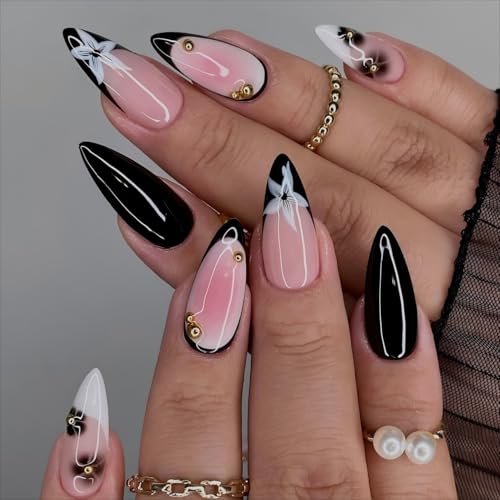 LPOODDNU Black White Press on Nails - Almond Medium French Fake Nails with Flower&Gold Bead Designs, Glossy Finished Reusable False Nails with Glue Tabs - 24Pcs Nail Kit for Women Manicure - color: black white french flower