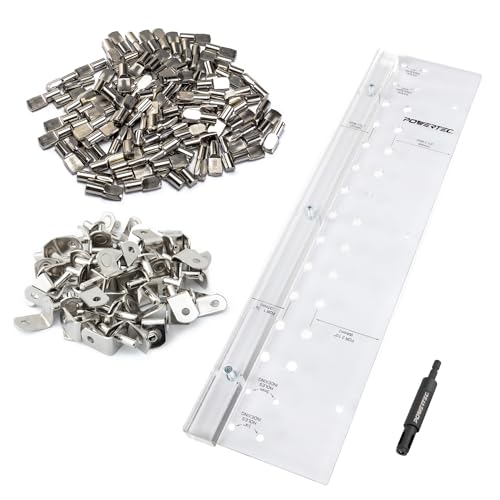 POWERTEC Shelf Pin Jig with 1/4" Self Pin Bit, 1/4" 100PCs L-Shaped Shelf Pegs, Woodworking Tools for Installing Shelf Pegs and Pins, Shelf Pin Drilling Jig for Making Shelves and Cabinet (71909) - size: Shelving Jig Kit | 1/4” Spoon Pins & L-Brackets