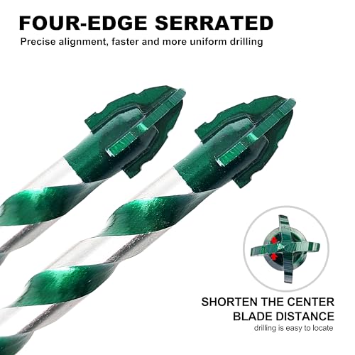 FEWELL Serrated Eccentric Masonry Drill Bit 10pcs, Tile Drill Bit 1/8”-1/2”