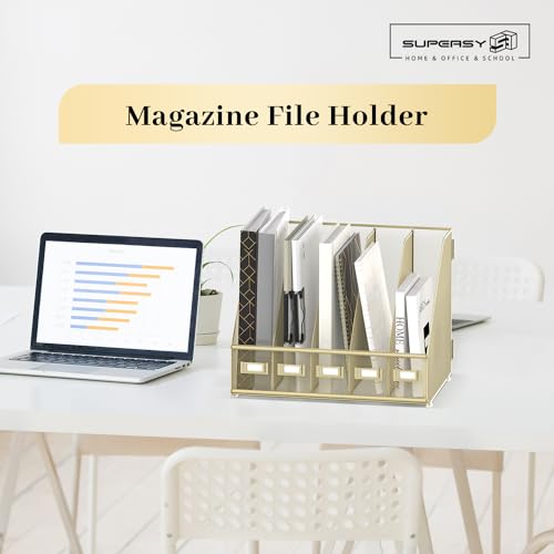 SUPEASY Desk Organizers Metal Desk Magazine File Holder with 5 Vertical Compartments Rack File Organizer for Office Desktop, Classroom, Home Workspace, Golden Yellow - color: Golden Yellow, size: Small