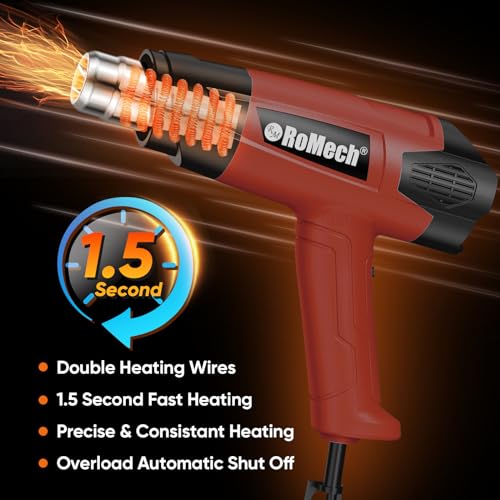 ROMECH 1500W Heavy Duty Heat Gun, Variable Temperature Control Hot Air Gun Kit with 2 Air Flow 120°F~1200°F and 4 Nozzles for Crafts Shrink Wrap (Red) - color: Red