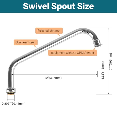Brass Swivel Swing Nozzle Spout Replacement Kit for Most T and S Commercial Kitchen Sink Faucet, 12" Spout Reach with MAX 2.2 GPM Aerator