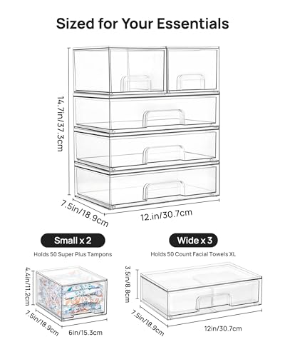 Vtopmart Clear Stackable Storage Drawers Set of 5, Plastic Organizer Bins - style: 2 Small+3 Wide