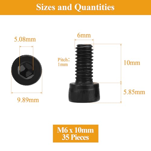 35 Pieces M6 x 10mm Socket Head Cap Screws, Thread Pitch 1.0mm, Sutemribor M6 Black Screws, 12.9 Grade Alloy Steel, Black Oxide Finish, Fully Threaded - size: M6 x 10mm, style: Socket Head