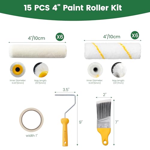 VOOMEY 4 Inch Mini Paint Roller Set, Microfiber & Mohair Rollers - size: 4inch 15pcs