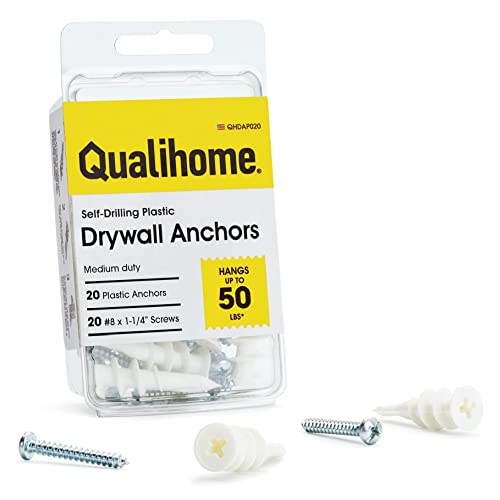 Qualihome Drywall Anchors with Screws – 40 Piece Set (20 Anchors + 20#8 x 1-1/4" Screws) | Self Drilling Drywall Anchors Heavy Duty | Wall Anchors for Drywall | Plastic Screw Anchor Kit - style: 20 Pack