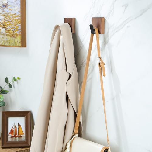 DELITON Adhesive Towel Hooks,Wall Hooks for bathrooms Without Drilling, Wood Wall Hooks for Hanging Robe, Towel, Bag Stick on Farmhouse Bathroom Bedroom Entryway 4 Packs Burned Brown - color: Dark Brown