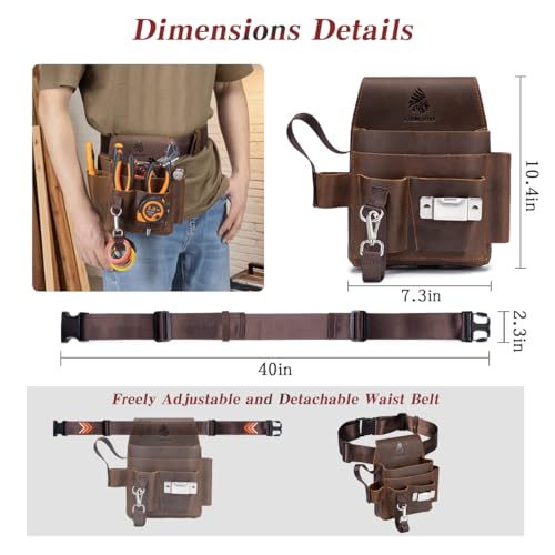 Genuine Leather Electrician Tool Pouch and Belt, Adjustable Leather Tool Belt with Multi-Pockets for Electricians, Brown - size: Large