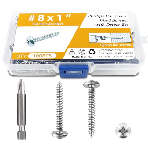 100PCS #8 x 1 Wood Screws, Pan Head Stainless Steel Sheet Metal Screws, Fast Self Tapping Screws for Deck Drywall Concrete Screws with Screwdriver Bit - style: Silver #8X1" Pan Head 100PCS