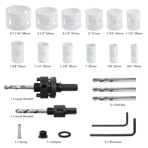 Hole Saw Kit Bi Metal, with 3/4" to 2-1/2" 22 PCS Saw Blades in Case, Hole Saw Set for Metal, Wood and Plastic, with Clean and Smooth Cutting Edge, Fast Chip Removal - style: BI Hole Saw 22pcs