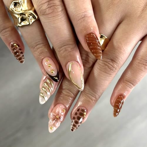 Mivota Brown Soft Gel Press On Nails 24PCS – Mixed Texture Almond Fake Nails with 3D Flower Design, Gold Edge & Snake Pattern, Glossy Reusable Glue On Nails for Women, Trendy Fall Nail Tips - color: 3D-62-Black French Gold Lines