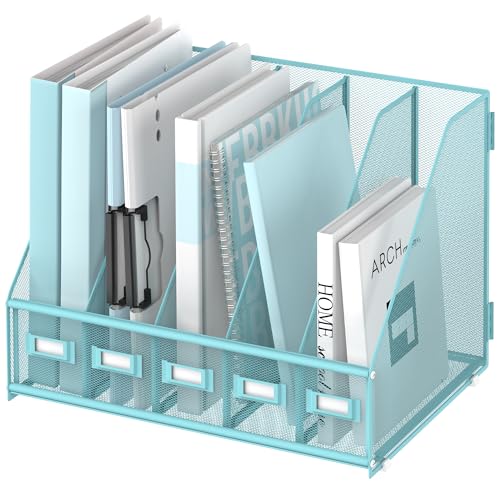 SUPEASY Desk Organizers Metal Desk Magazine File Holder with 5 Vertical Compartments Rack File Organizer for Office Desktop, Classroom, Home Workspace, Blue - color: Blue, size: Small