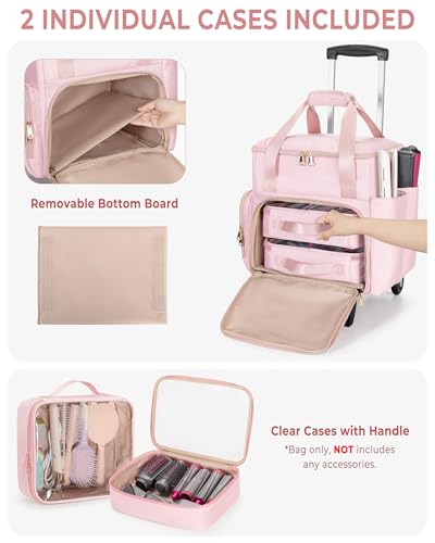 Rolling Hair Tools Travel Bag, Hairstylist Bag with Wheels, Pink - color: Pink