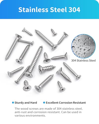 550Pcs 304 Stainless Steel Wood Screws Assortment Kit, Phillips Flat Head Sheet Metal Screw Self Tapping Screws Set, #4#6#8#10#12 Wood Assorted Screws, Length 1/4" to 1-1/2" (Flat Head 550PCS) - style: Flat Head 550PCS