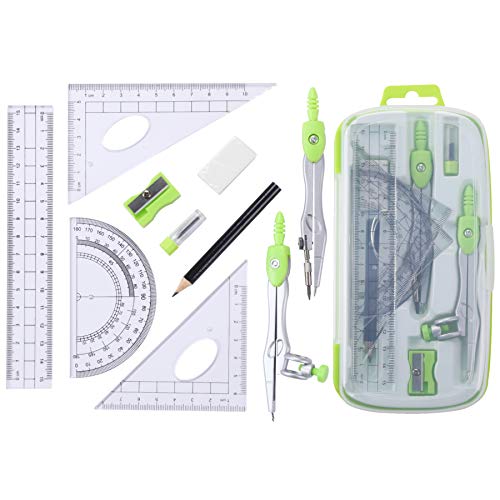Unjoo Math Geometry Set 10 Pcs, Compass and Protractor for Students(Green) - color: Green