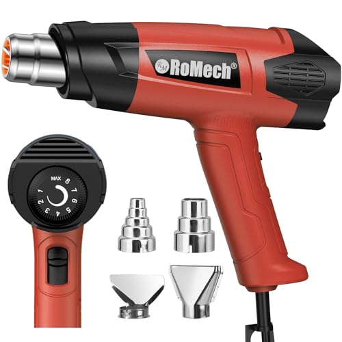 ROMECH 1500W Heavy Duty Heat Gun, Variable Temperature Control Hot Air Gun Kit with 2 Air Flow 120°F~1200°F and 4 Nozzles for Crafts Shrink Wrap (Red) - color: Red