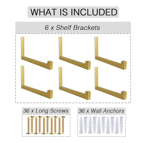 OVOV 6 Pack Heavy Duty Shelf Brackets Wall Mounted Industrial Farmhouse Floating Shelf Brackets with Lip (Gold 6") - color: Gold, size: 6 Inch