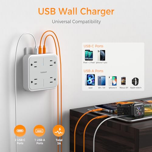 TESSAN Multi Plug Outlet Extender 4 Outlet Splitter | 3 USB Wall Charging Ports (2 USB C), Wide Spaced Multiple Expander Surge Protector for Office, Home, College Dorm Room, Gray - style: 2 USB C