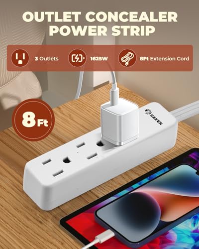 Saker Outlet Concealer Power Strip, 8ft Flat Cord, 3 Outlets, White - style: 8ft