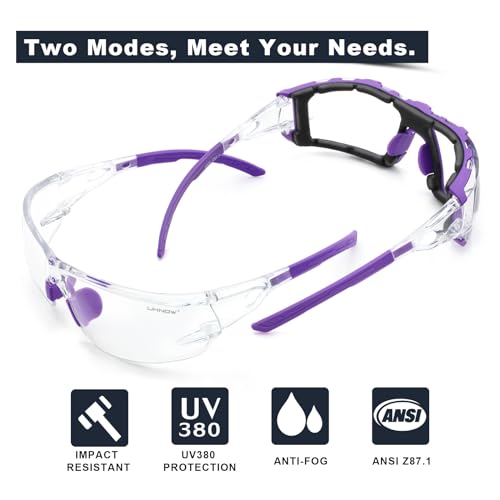 UKNOW Safety Glasses - Anti Fog Wraparound Lenses - Removable Foam Gasket - ANSI Z87.1 Protective Eyewear - Impact Resistant - color: Purple