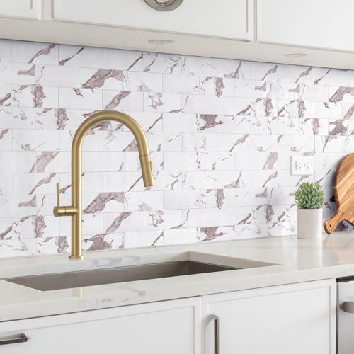 StyloVue 100 Pieces Peel and Stick Backsplash for Kitchen, 3" x 6" PVC Subway Tile 2026 Upgraded White Marble with Gold Accent Backsplash Stick on Tile Elevate Kitchen Fireplace RV - color: White Marble with Gold Accent
