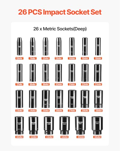 VEVOR Impact Socket Set, 26pcs x 1/2inch Metric 10mm-36mm Impact Sockets, 6-Point Deep Socket Rugged Construction High-torque, Cr-V 1/2 Inches Drive Socket Set Impact with a Storage Cage - size: 1/2" 26PCS