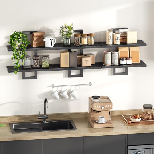 HOOBRO Floating Shelves, 15 Inch Wall Shelf Set of 3, Wall Mounted Storage Shelves 2-Tier, Hanging Bathroom Shelves, for Living Room, Bedroom, Bathroom, Kitchen, Black BK32BJP301 - color: Black