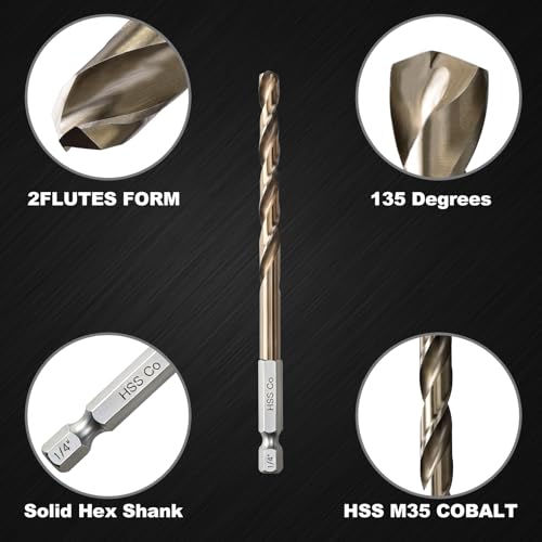 1/4 inch Cobalt Drill Bit for Metal and Hard Steel(10pcs),Hex Shank Quick Change M35 HSS Twist Impact Drill Bit Set,with Storage Case - size: 1/4(10pcs)