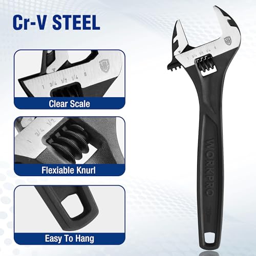 WORKPRO 8" Adjustable Wrench, Black Oxide Finish, Cr-V Steel - color: Black, size: 8 inch