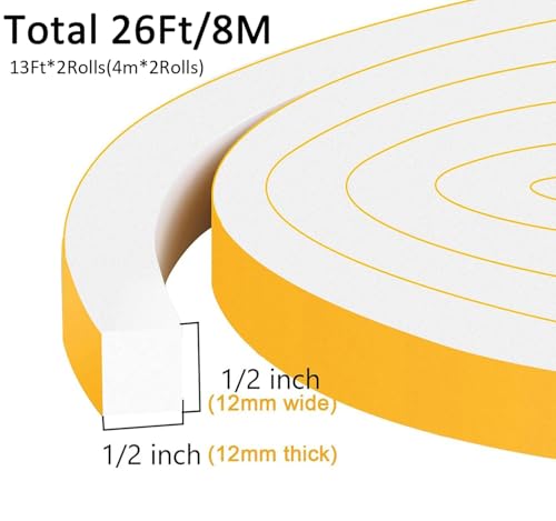 Square Foam Weather Stripping 1/2x1/2in,Strong Adhesive, Large Gaps - color: White, size: 1/2 In x 1/2 In x 26Ft