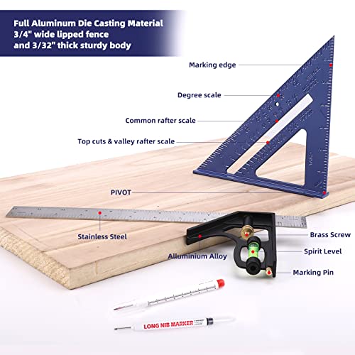Rafter Square and 12 inch Combo Square Set,Carpentry Squares, Combination Square with Bubbles/45°/90°/180° Woodworking Square, Aluminum Carpenter Measuring Tool Kit（Blue - color: Blue