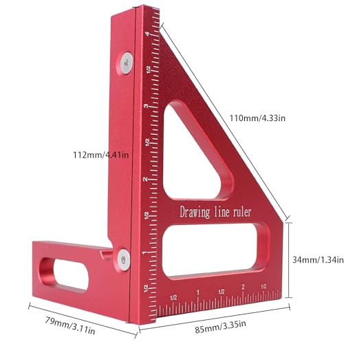 Imperial 3D Multi-Angle Measuring Ruler,45/90 Degree Aluminum Alloy Woodworking Square Protractor, Miter Triangle Ruler High Precision Layout Measuring Tool for Engineer Carpenter,003R - color: Red(Imperial)