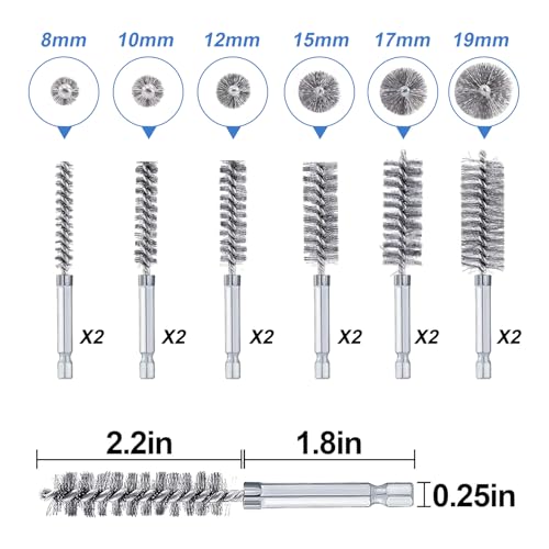 12Pcs Stainless Steel Bore Brush Set,Setwire Brush for Drill, with 8mm-19mmAbrasive Wire Brush , Rust Remover and Pipe Cleaner for Metal Surfaces with 1/4" Hex Shank - style: Stainless steel