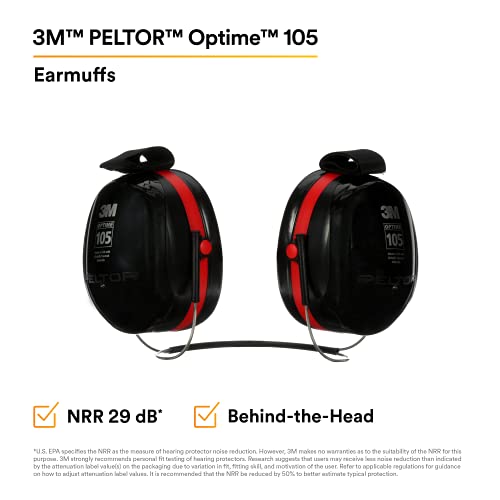3M PELTOR Hearing Protection Optime 105 Earmuffs, E-A-Rfit Compatible, Assembly, Sanding, Grinding - size: One Size, style: Behind-the-head