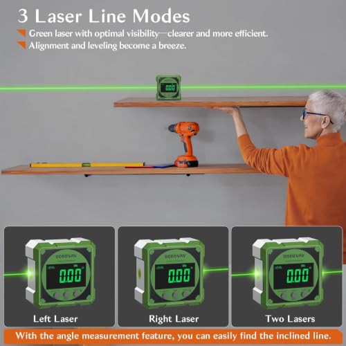 4-side Magnetic Digital Angle Gauge with Laser(Class 2, ＜1mW Output), 4 * 90° Rechargeable Electronic Inclinometer Protractor Level Gauge for Woodworking Tablesaw- Green - color: Green