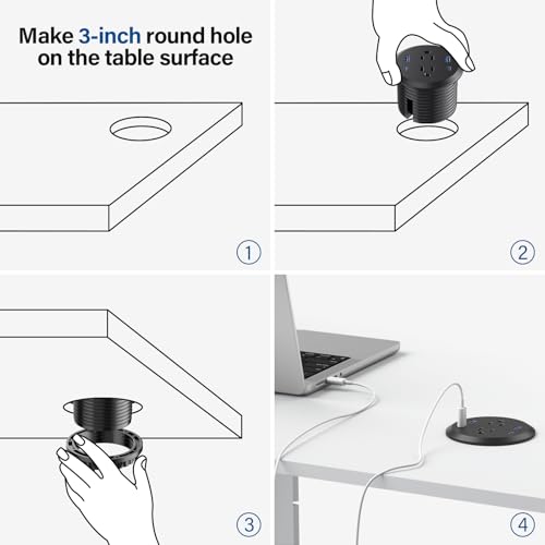 Desktop Power Grommet,GaN 65W USB C Fast Charging Station,2 AC Outlets,4 USB Ports in to the Top of Your Desk,Flush Mount Power Grommet 3-inch Hole,Countertop Recessed Outlet - color: Black, size: 1 Pack
