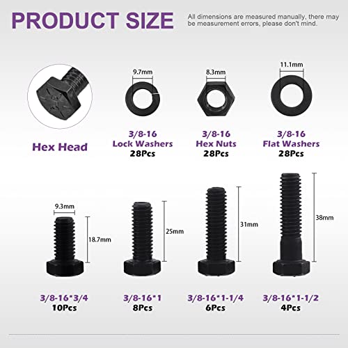 Swpeet 112Pcs 3/8-16" x 3/4" to 1-1/2" 4 Sizes Black Zinc Finish Carbon Steel Grade 8 USS Nut Bolts Assortment Kit, Heavy Duty Bolt Nut and Washer Assortment Coarse Thread Hex Head Cap Screws Bolt - size: 3/8 Inch