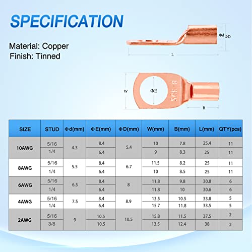 Nilight 150PCS Copper Wire Lugs and Heat Shrink Tubing | Heavy Duty 70PCS Battery Crimp Terminal and 80PCS 3:1 Heatshrink Tubes for 2 4 6 8 10 AWG Wires Distribution Box Battery Cable Solar Systems - color: 150PCS Copper Wire Lugs
