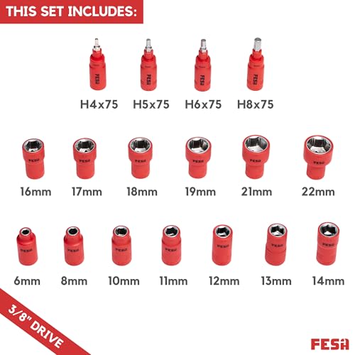 FESA Electrician Insulated Socket Set - 1000V 20-Piece Professional Insulated Ratchet & Socket Wrench Set (3/8" Drive) w/T-Handle, Extension & 4 Hex Bits - 1000 Volt Tools for Electricians - style: 3/8" Drive (Storage Case)