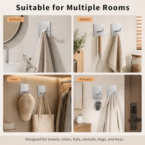 4 Pack 304 Stainless Steel Adhesive Wall Hooks, No Drill Hangers